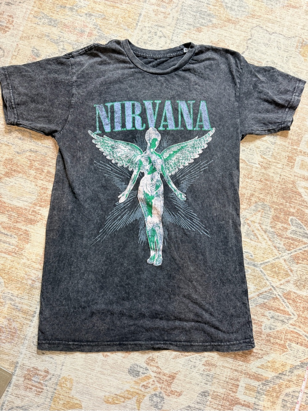 NIRVANA Black Tee with Green and White Angel Graphic